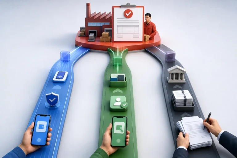 Editorial illustration comparing Alipay vs WeChat Pay vs bank wire