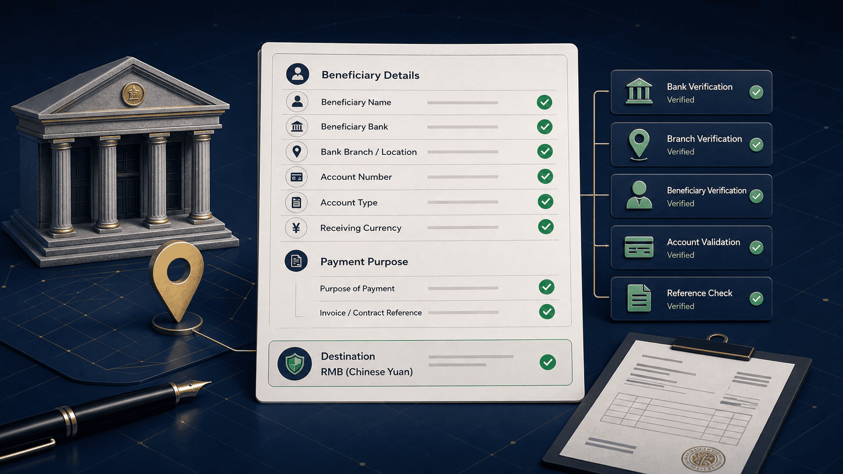 Illustration of Chinese bank TT beneficiary and payment-purpose verification fields