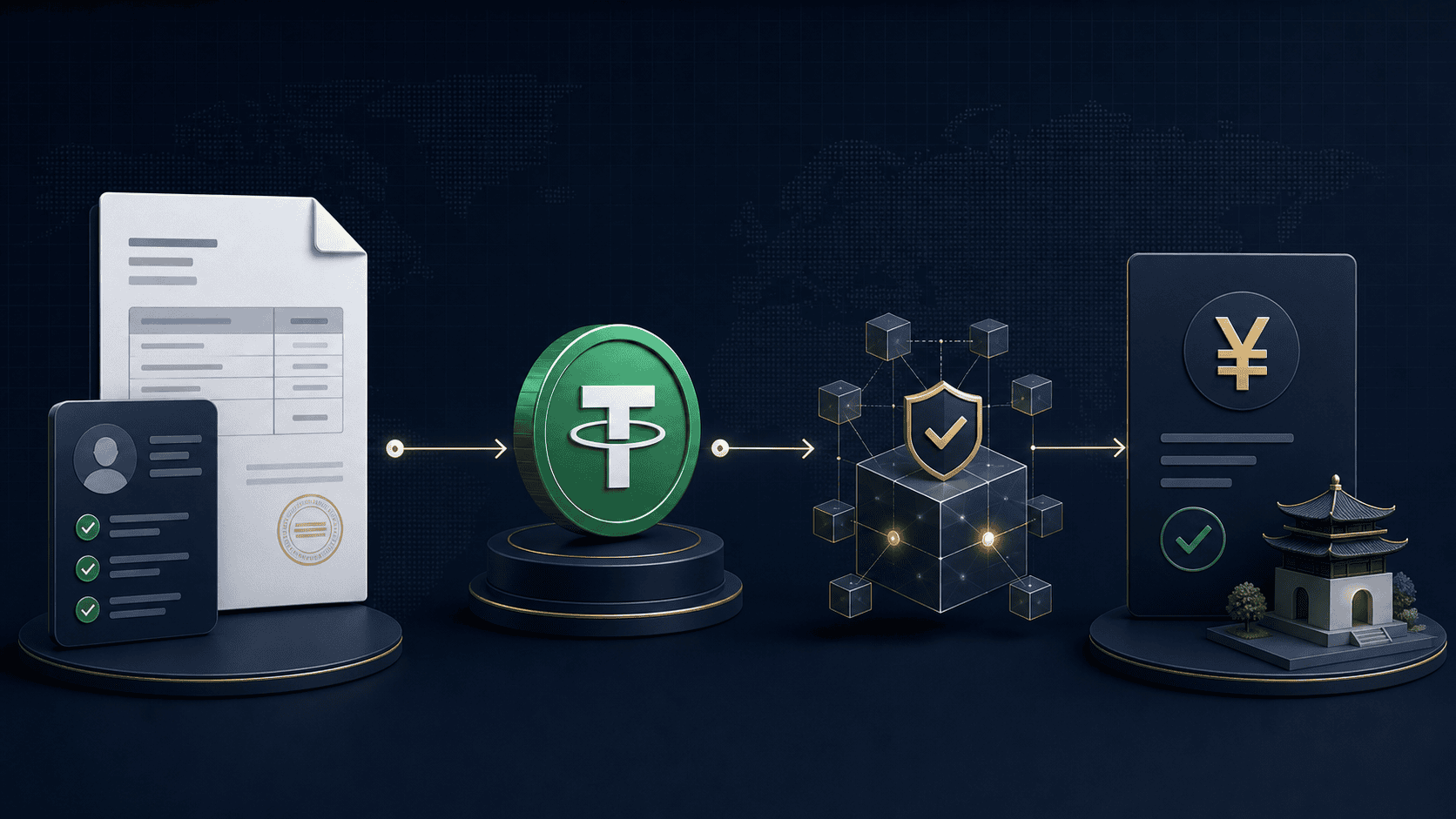 Illustration of a Chinese supplier invoice, verified USDT transfer, and RMB beneficiary confirmation