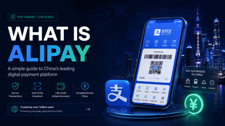 What is Alipay: mobile payment app, QR code and Shanghai skyline